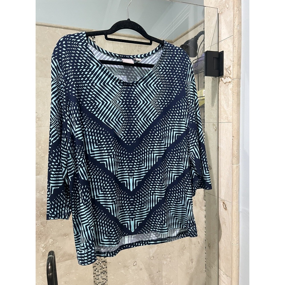 Chicos Tunic Top Womens 3 XL Blue Green Geometric Jersey Knit 3/4 Sleeve